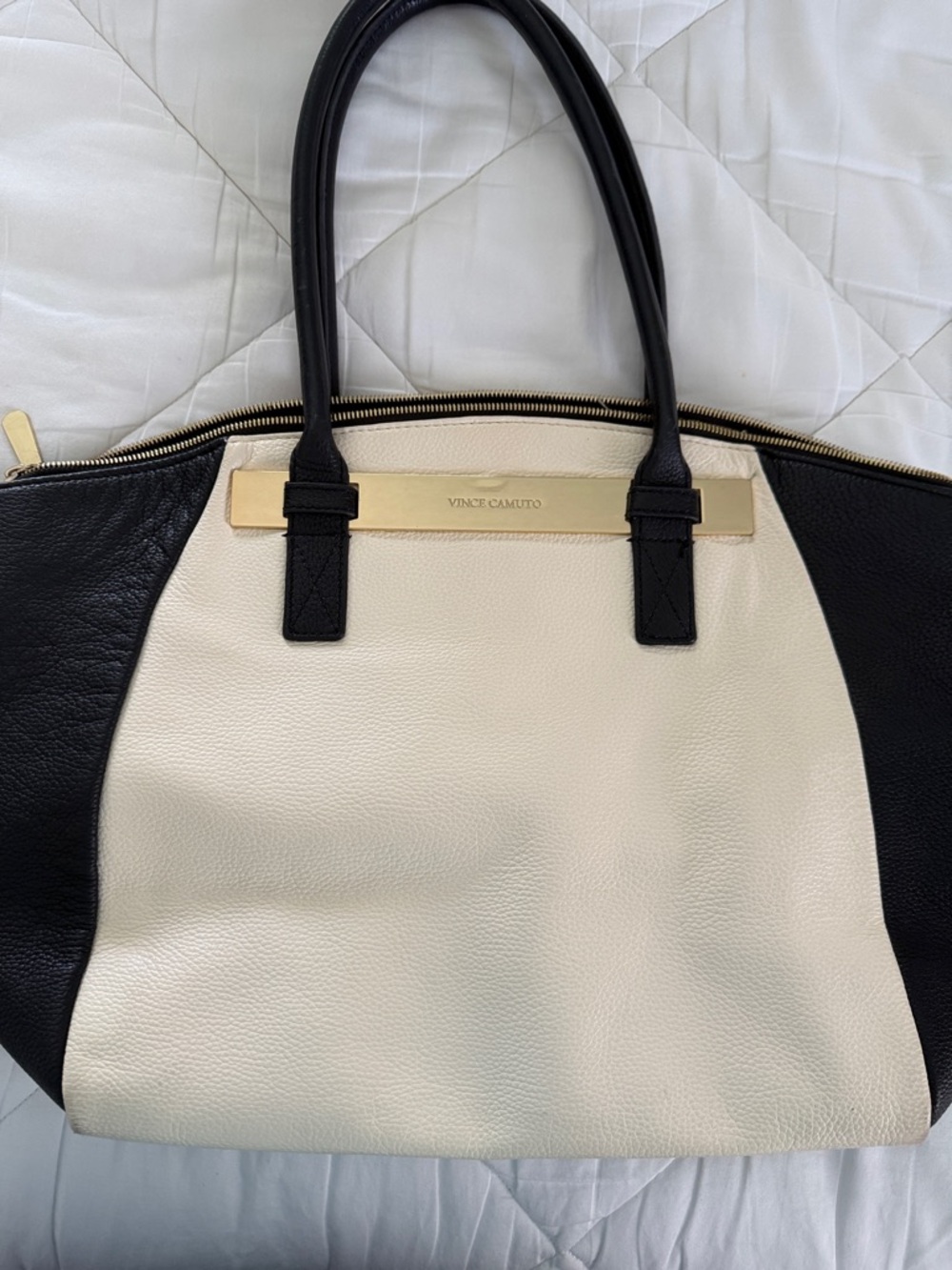 Vince Camuto Cream and Black Two-Tone Tote with Gold Accent